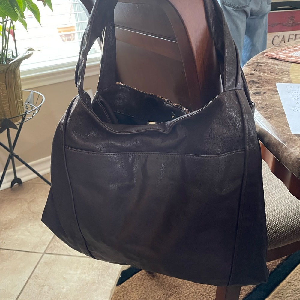Large Banana Republic Leather shoulder bag with brown and gold sequins New - Picture 5 of 6